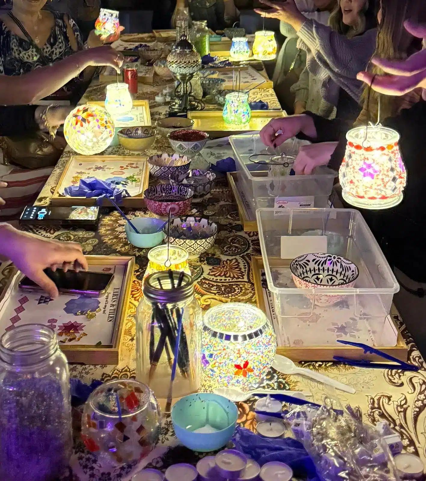 Mosaic Lamp Workshop Fresno hands-on class at Yarns & Tiles with glass tiles